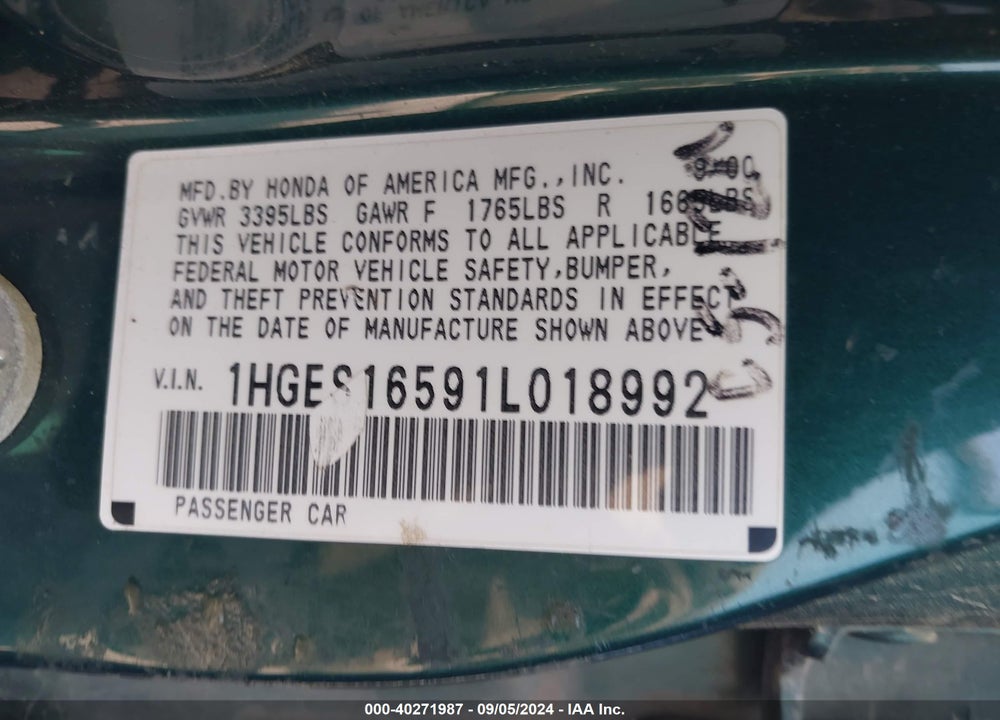 2001 HONDA CIVIC LX VIN: 1HGES16591L018992