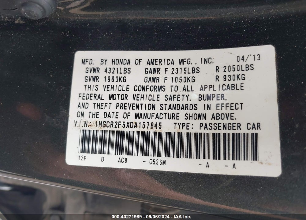 2013 HONDA ACCORD SPORT VIN: 1HGCR2F5XDA157845