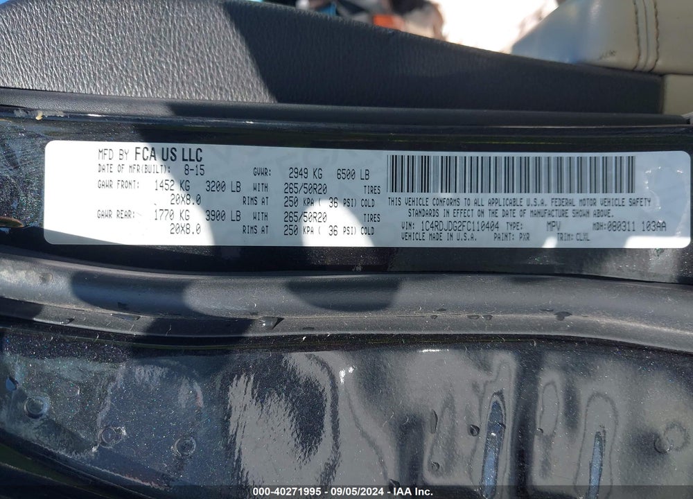 2015 DODGE DURANGO LIMITED VIN: 1C4RDJDG2FC110404