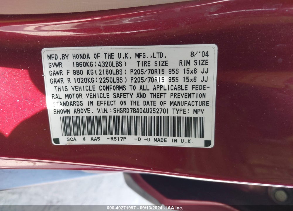 2004 HONDA CR-V LX VIN: SHSRD78404U252701