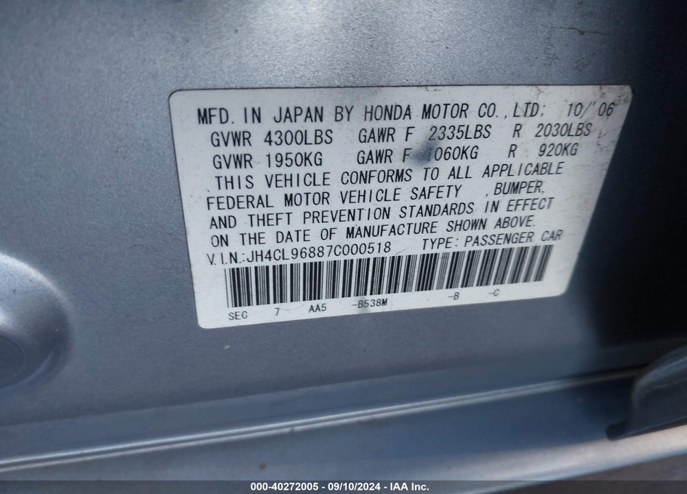 2007 ACURA TSX VIN: JH4CL96887C000518