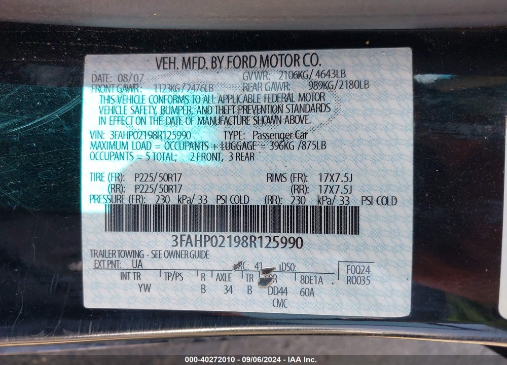 2008 FORD FUSION SEL VIN: 3FAHP02198R125990