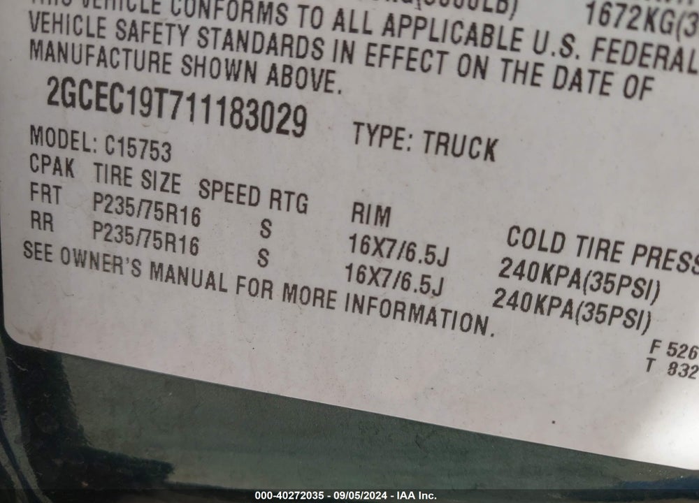 2001 CHEVROLET SILVERADO 1500 LS VIN: 2GCEC19T711183029