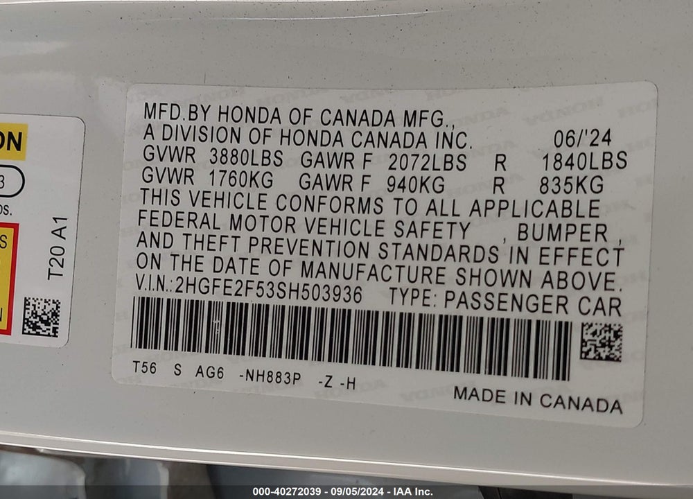 2025 HONDA CIVIC SPORT VIN: 2HGFE2F53SH503936