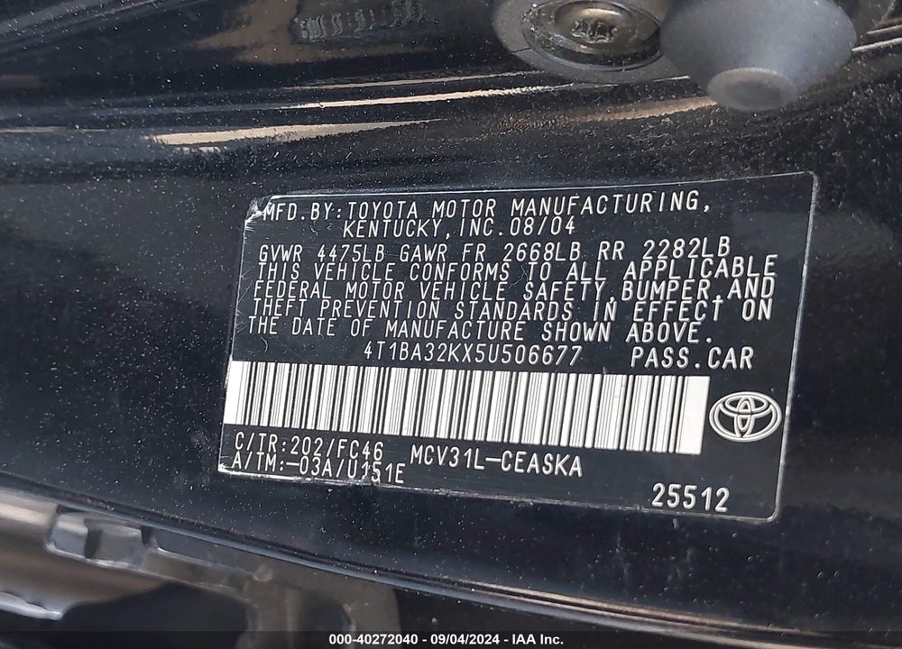 2005 TOYOTA CAMRY SE V6 VIN: 4T1BA32KX5U506677