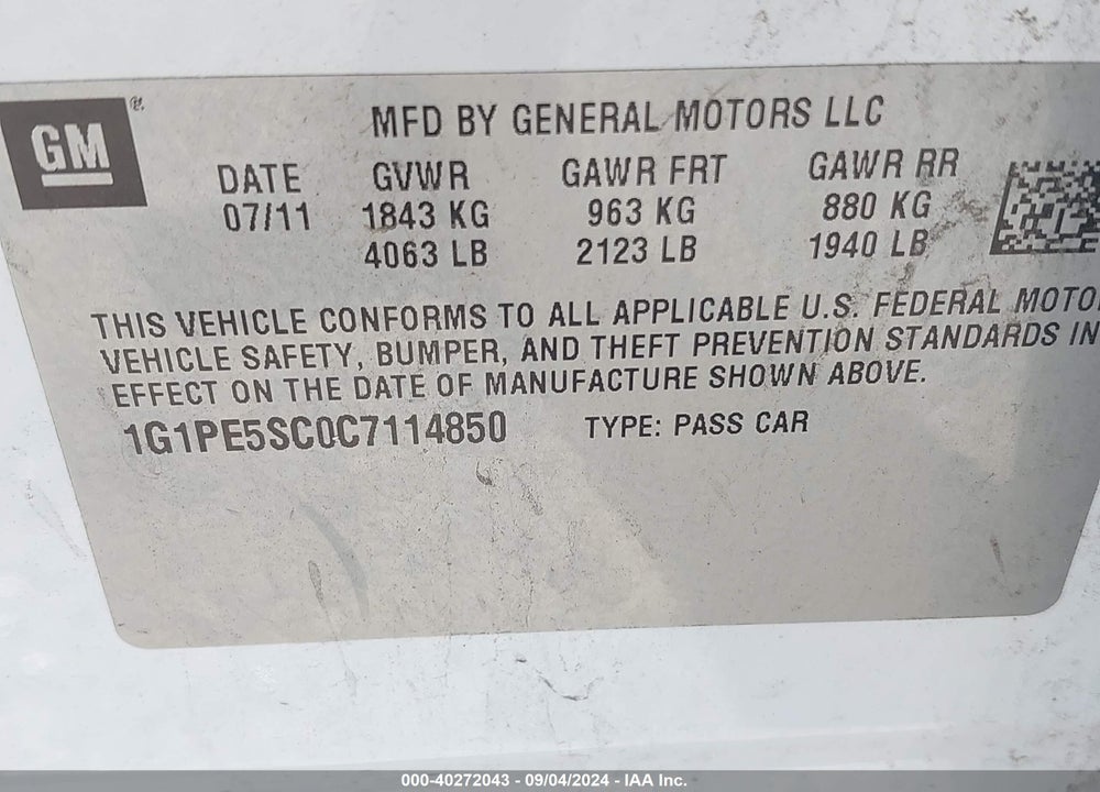 2012 CHEVROLET CRUZE LT VIN: 1G1PE5SC0C7114850
