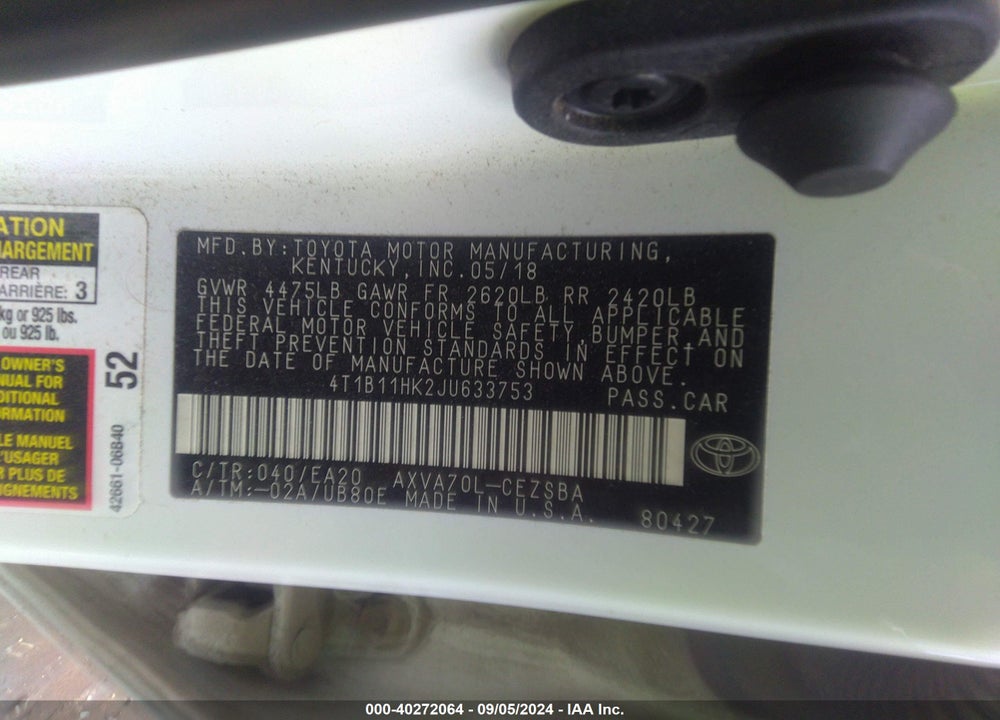 2018 TOYOTA CAMRY SE VIN: 4T1B11HK2JU633753