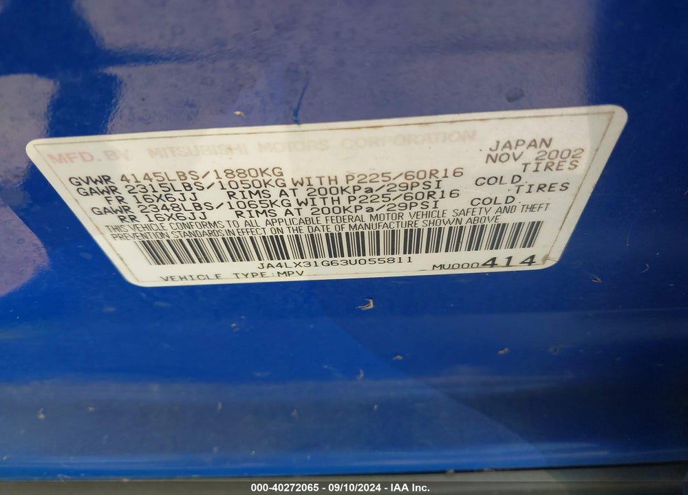 2003 MITSUBISHI OUTLANDER LS VIN: JA4LX31G63U055811