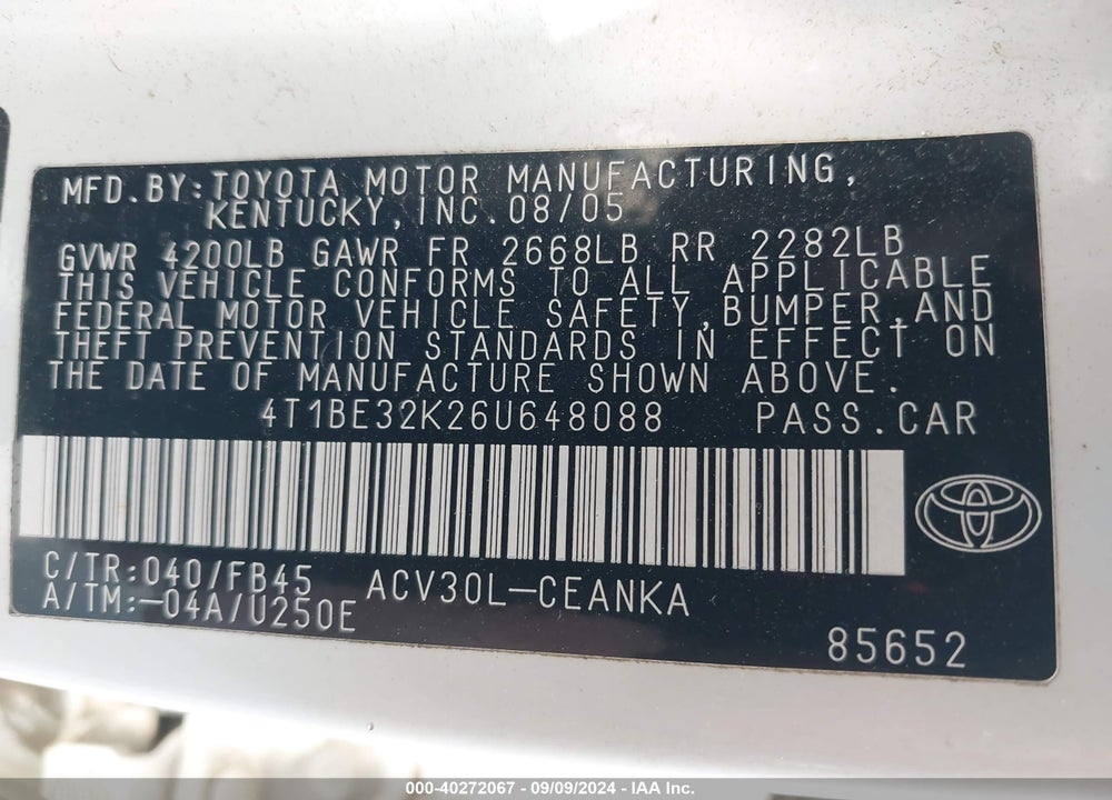 2006 TOYOTA CAMRY LE VIN: 4T1BE32K26U648088