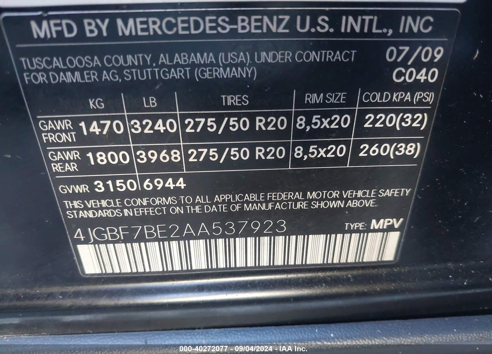 2010 MERCEDES-BENZ GL 450 4MATIC VIN: 4JGBF7BE2AA537923