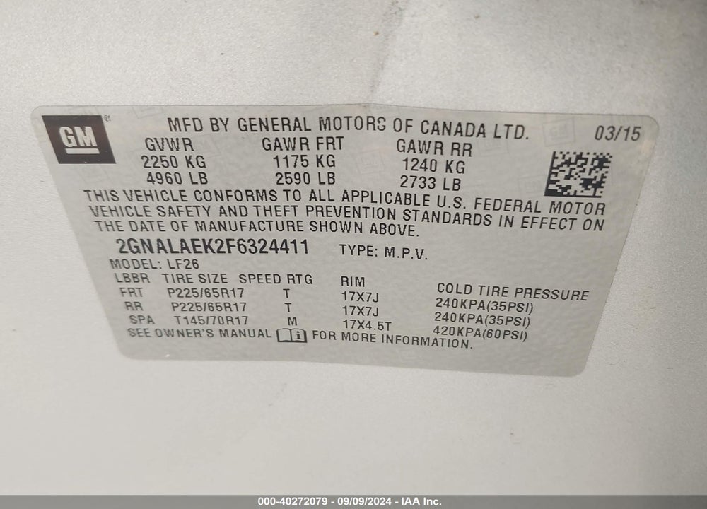 2015 CHEVROLET EQUINOX LS VIN: 2GNALAEK2F6324411