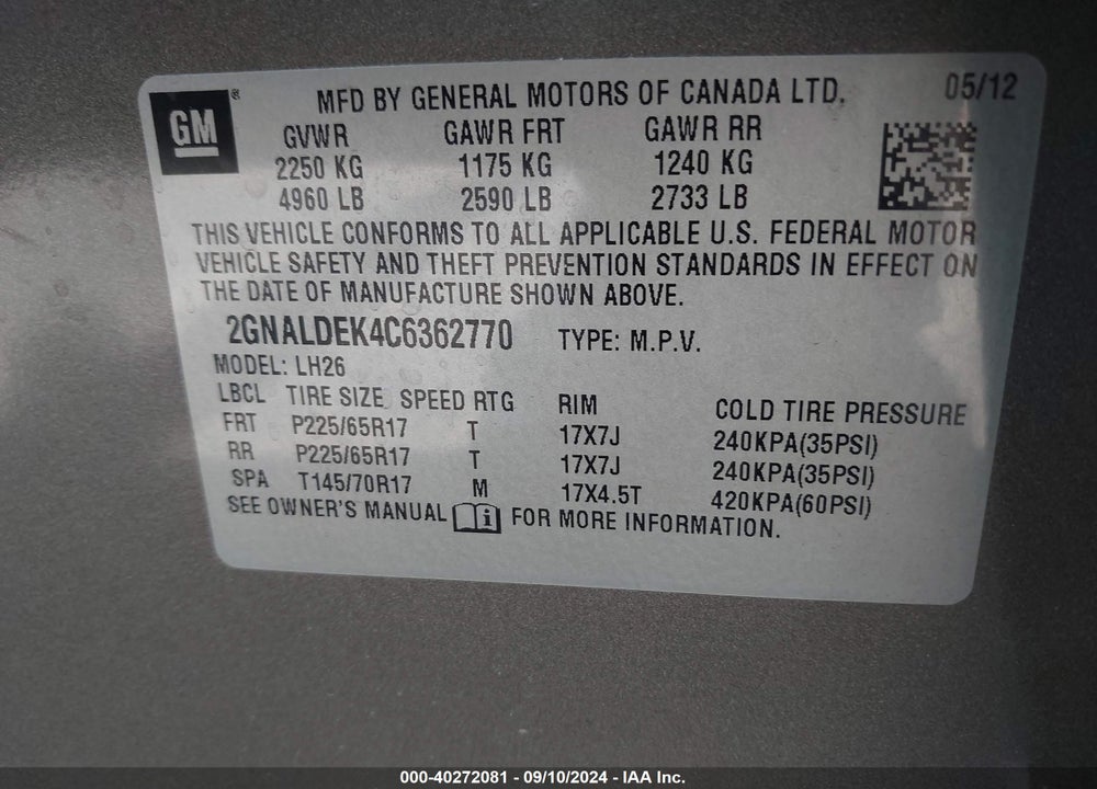 2012 CHEVROLET EQUINOX 1LT VIN: 2GNALDEK4C6362770