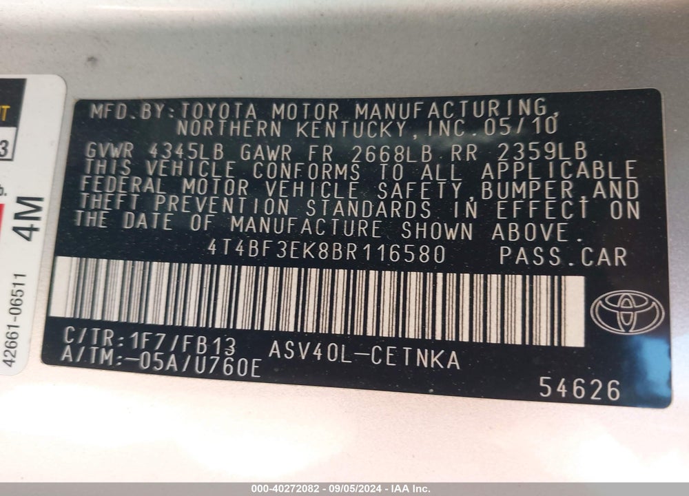 2011 TOYOTA CAMRY LE VIN: 4T4BF3EK8BR116580