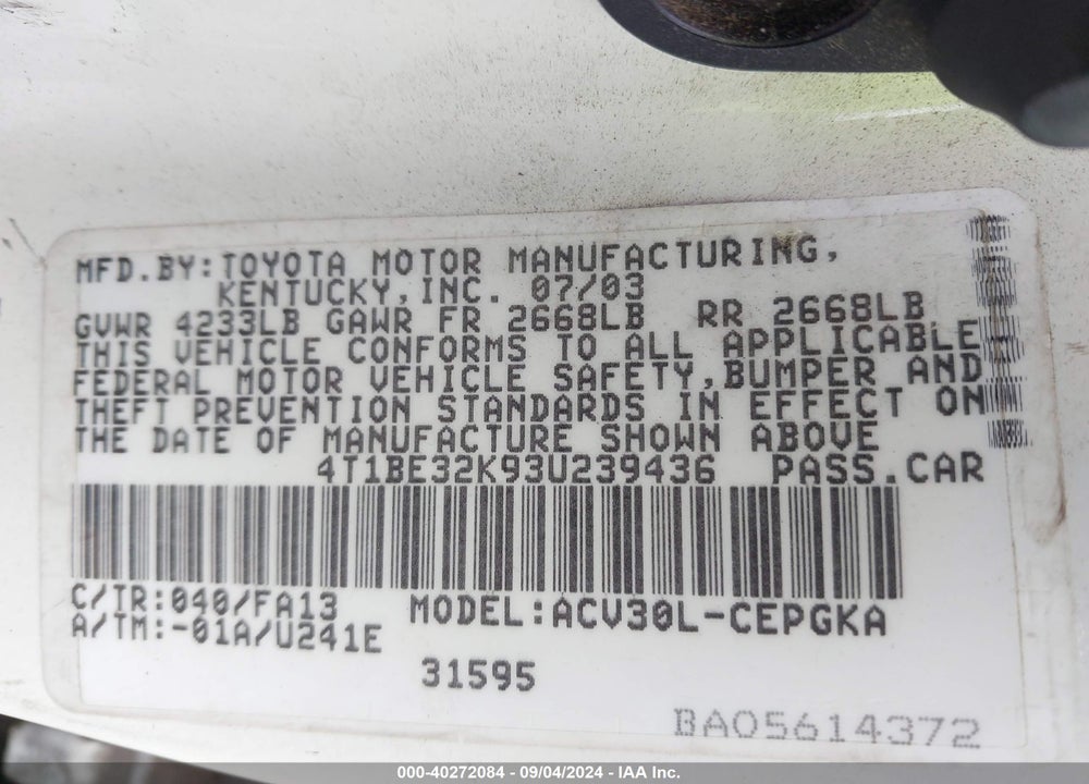 2003 TOYOTA CAMRY XLE VIN: 4T1BE32K93U239436
