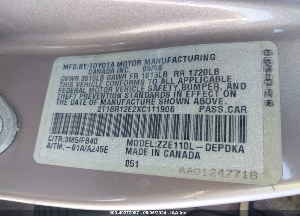 1999 TOYOTA COROLLA VIN: 2T1BR12E2XC111906