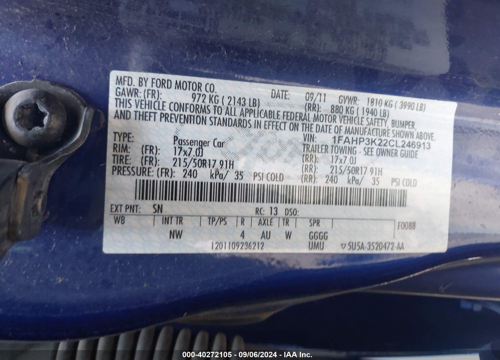 2012 FORD FOCUS SE VIN: 1FAHP3K22CL246913