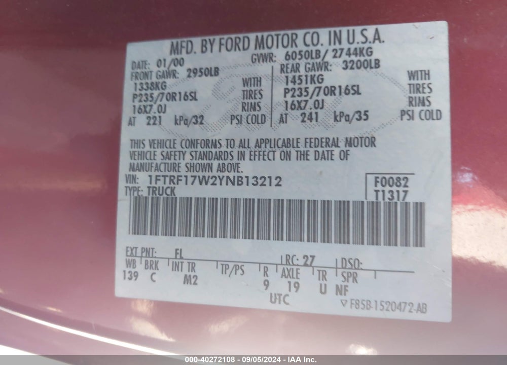 2000 FORD F-150 WORK SERIES/XL/XLT VIN: 1FTRF17W2YNB13212