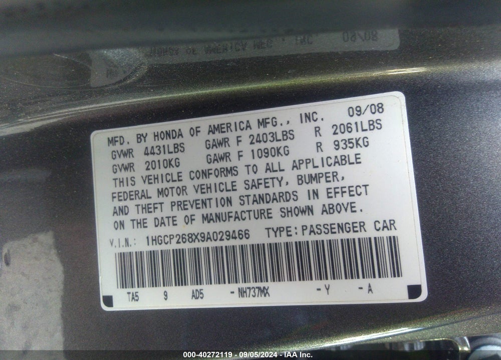 2009 HONDA ACCORD 2.4 EX-L VIN: 1HGCP268X9A029466