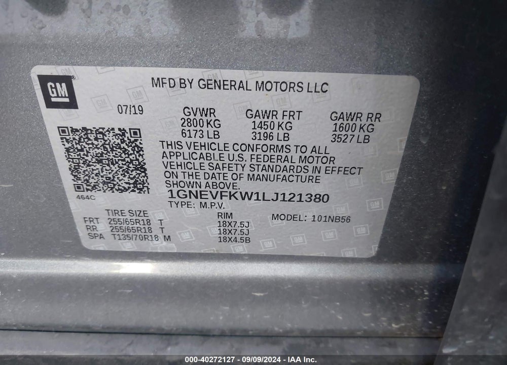 2020 CHEVROLET TRAVERSE AWD LS VIN: 1GNEVFKW1LJ121380
