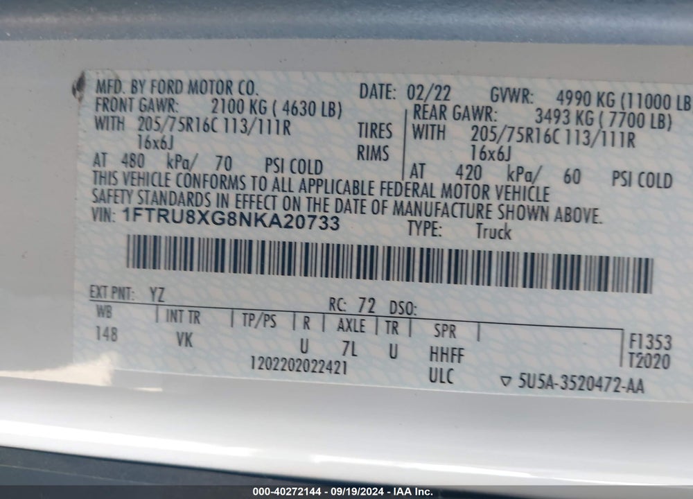 2022 FORD TRANSIT-350 CARGO VAN VIN: 1FTRU8XG8NKA20733