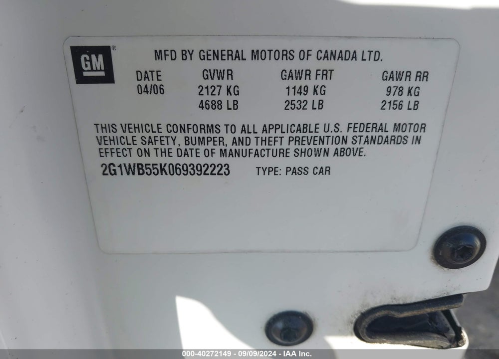 2006 CHEVROLET IMPALA LS VIN: 2G1WB55K069392223