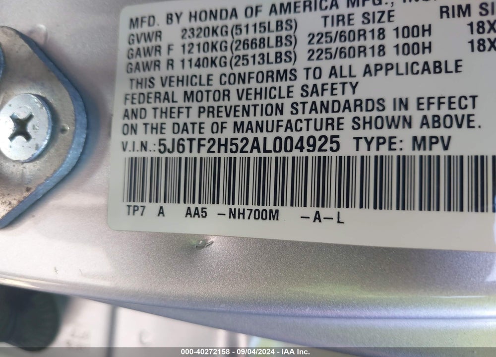 2010 HONDA ACCORD CROSSTOUR VIN: 5J6TF2H52AL004925