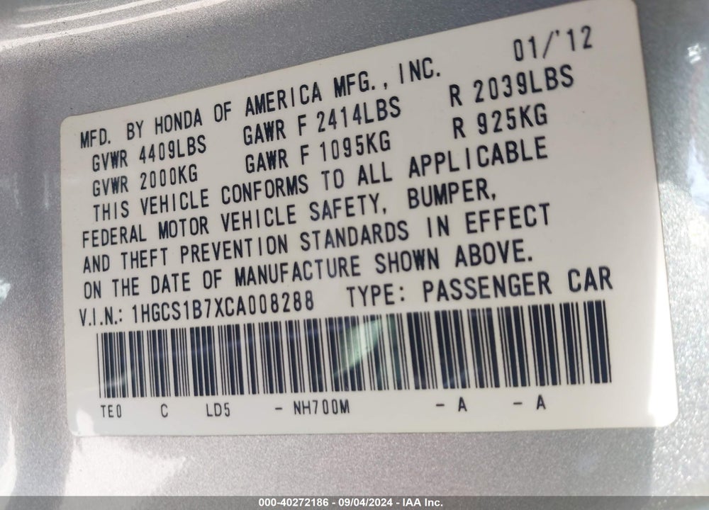 2012 HONDA ACCORD 2.4 EX VIN: 1HGCS1B7XCA008288