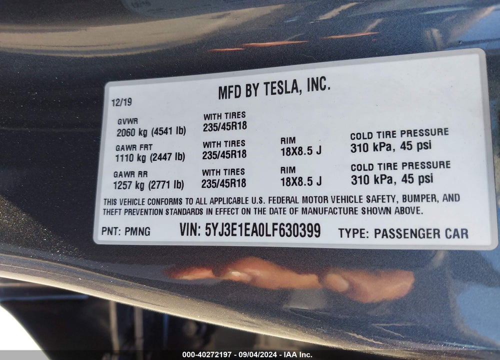 2020 TESLA MODEL 3 STANDARD RANGE PLUS REAR-WHEEL DRIVE/STANDARD RANGE REAR-WHEEL DRIVE VIN: 5YJ3E1EA0LF630399