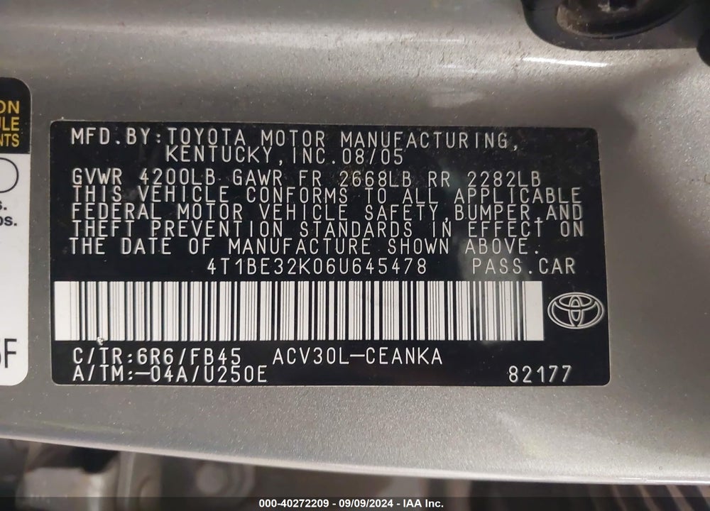 2006 TOYOTA CAMRY LE VIN: 4T1BE32K06U645478