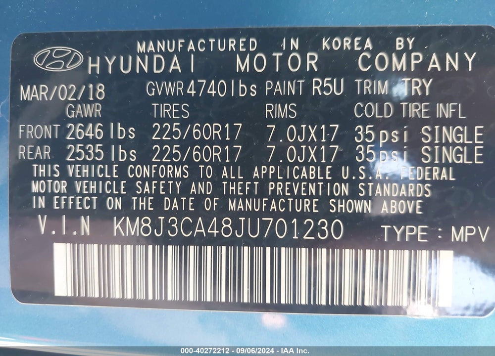 2018 HYUNDAI TUCSON SEL VIN: KM8J3CA48JU701230