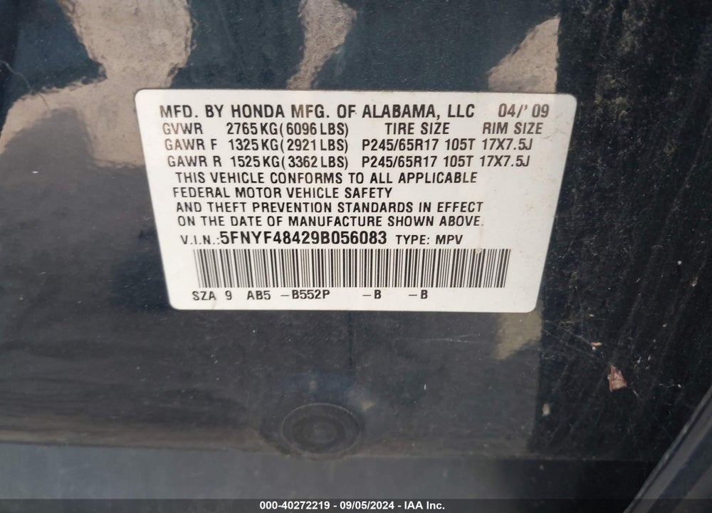 2009 HONDA PILOT EX VIN: 5FNYF48429B056083