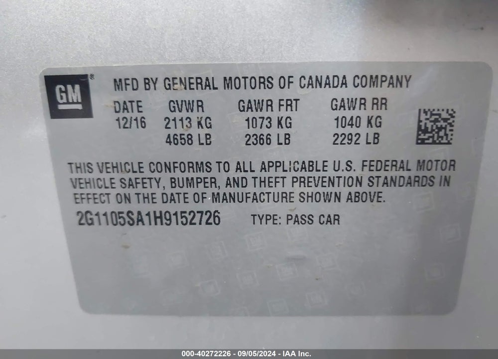 2017 CHEVROLET IMPALA 1LT VIN: 2G1105SA1H9152726