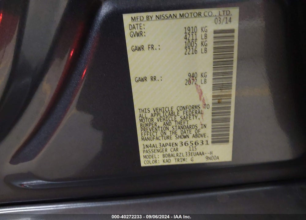 2014 NISSAN ALTIMA 2.5 S VIN: 1N4AL3AP4EN365631