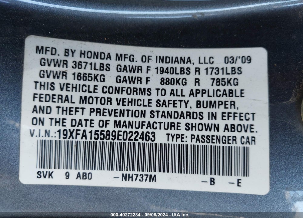 2009 HONDA CIVIC LX VIN: 19XFA15589E022463
