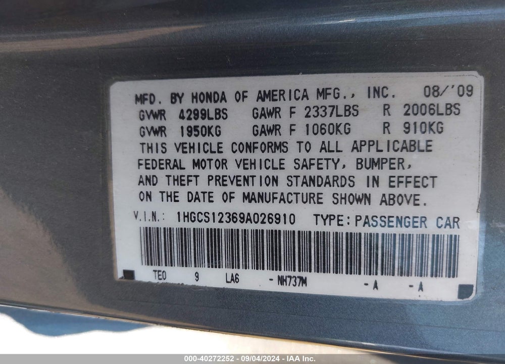 2009 HONDA ACCORD VIN: 1HGCS12369A026910