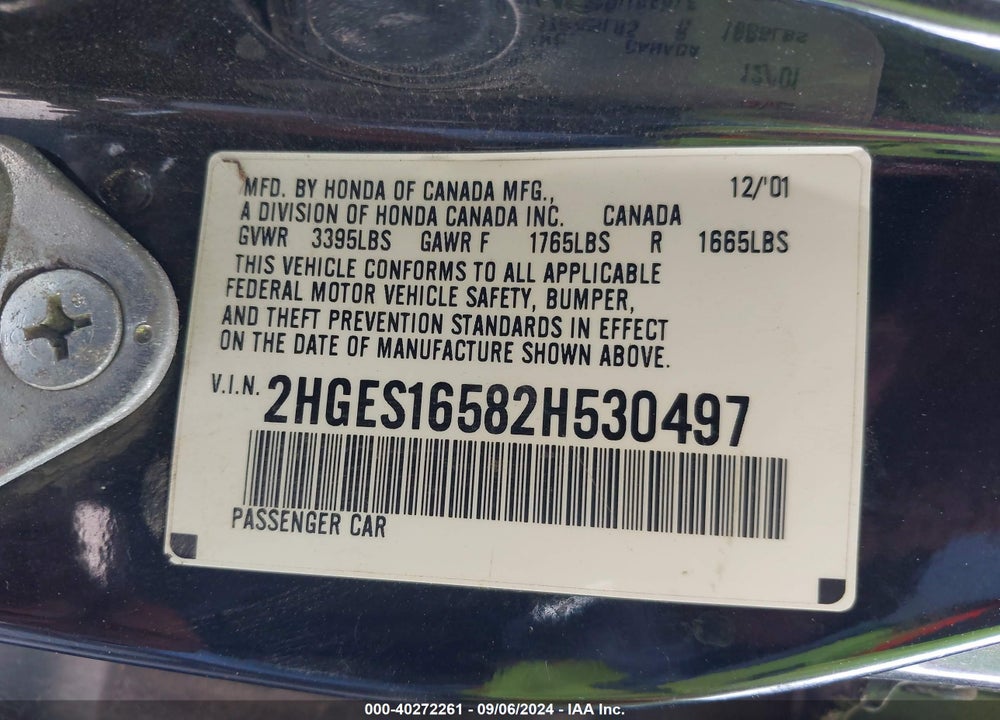 2002 HONDA CIVIC LX VIN: 2HGES16582H530497