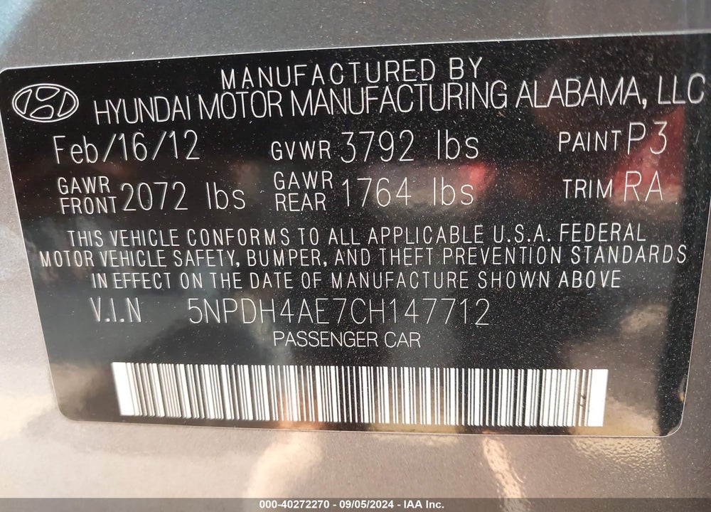 2012 HYUNDAI ELANTRA GLS VIN: 5NPDH4AE7CH147712