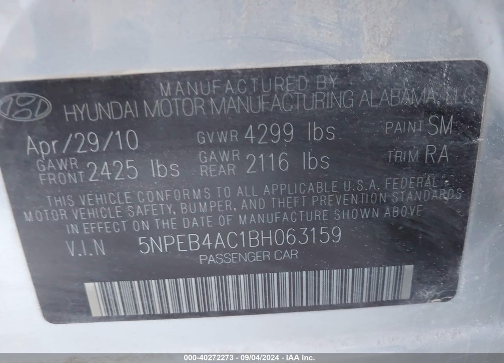 2011 HYUNDAI SONATA VIN: 5NPEB4AC1BH063159