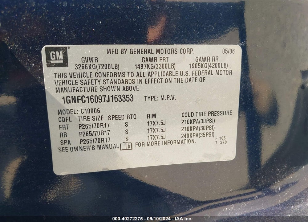 2007 CHEVROLET SUBURBAN 1500 LT VIN: 1GNFC16097J163353