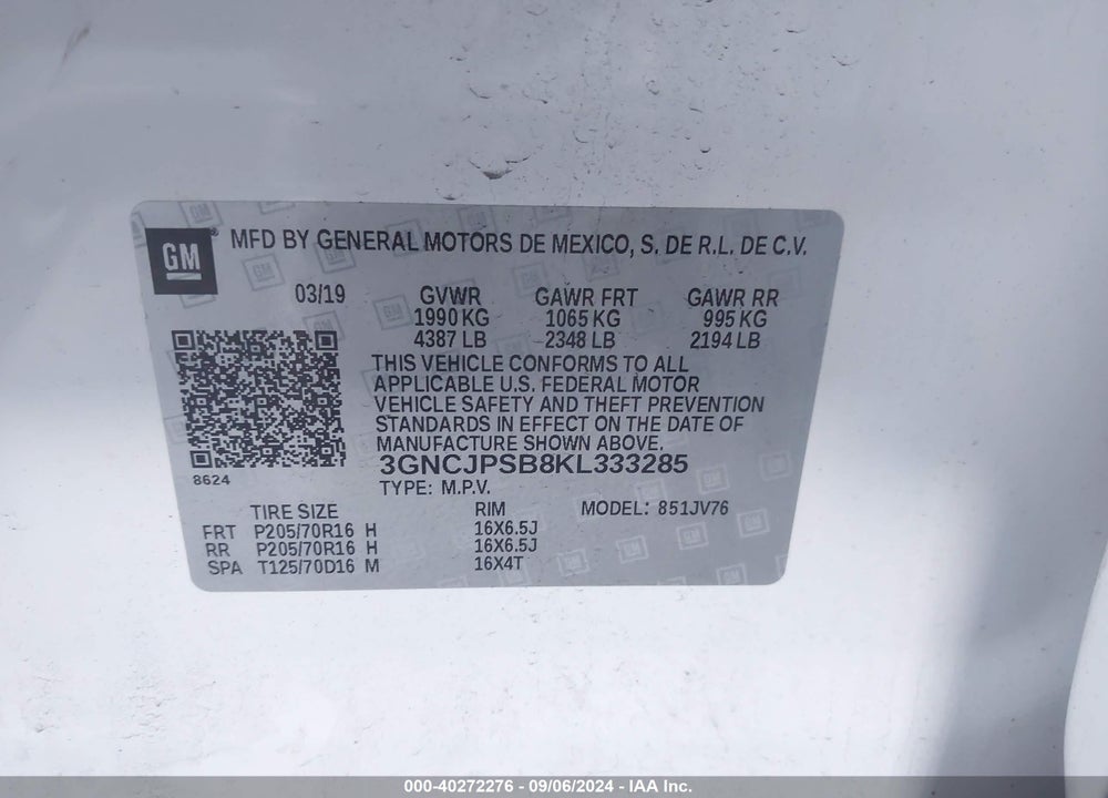 2019 CHEVROLET TRAX LT VIN: 3GNCJPSB8KL333285