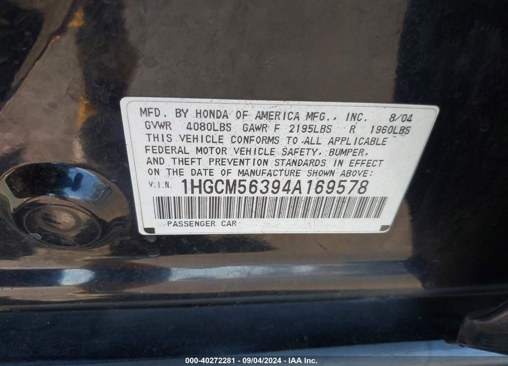 2004 HONDA ACCORD 2.4 LX VIN: 1HGCM56394A169578