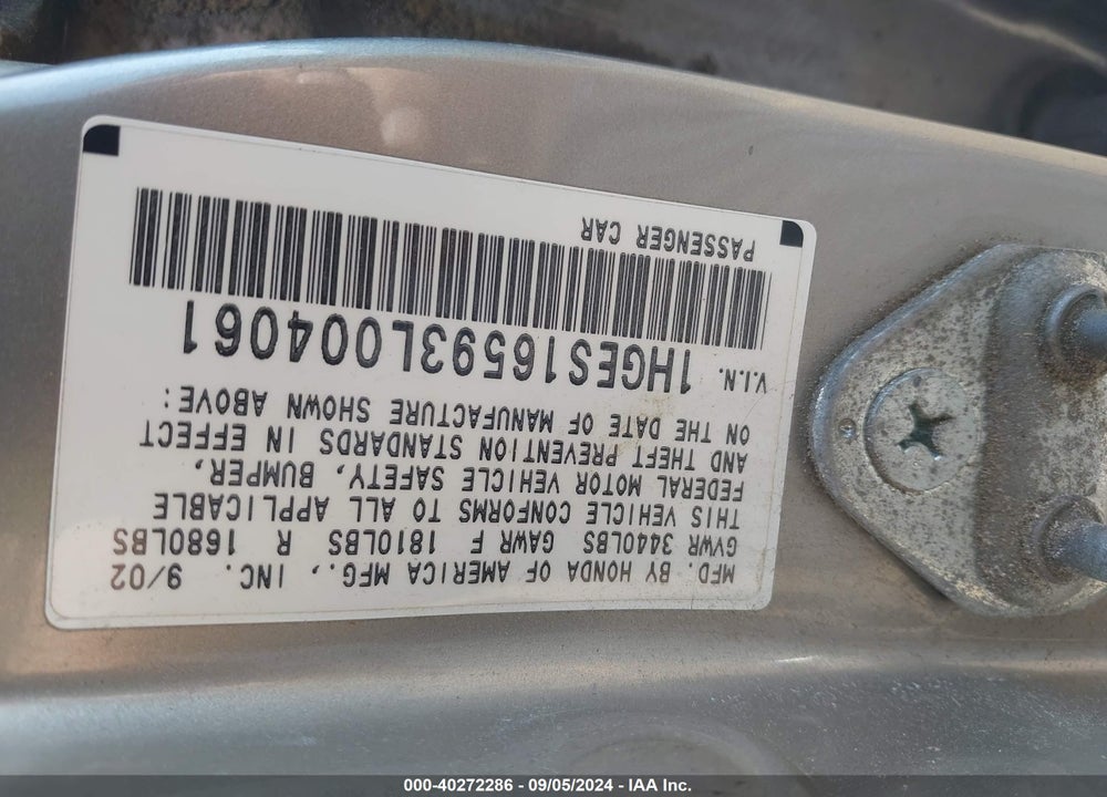 2003 HONDA CIVIC LX VIN: 1HGES16593L004061