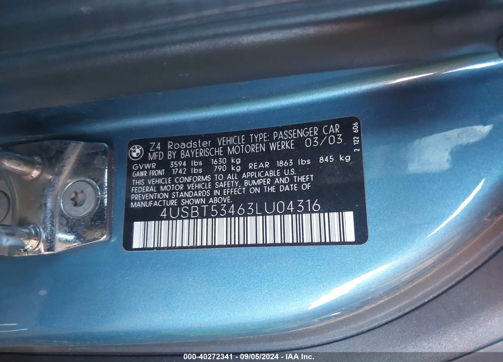2003 BMW Z4 3.0I VIN: 4USBT53463LU04316