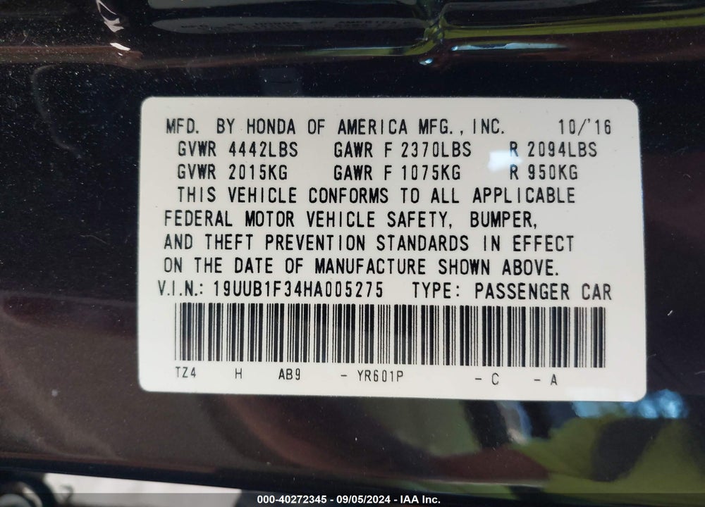 2017 ACURA TLX VIN: 19UUB1F34HA005275