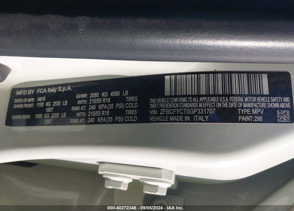 2016 FIAT 500X TREKKING VIN: ZFBCFYCT0GP331707
