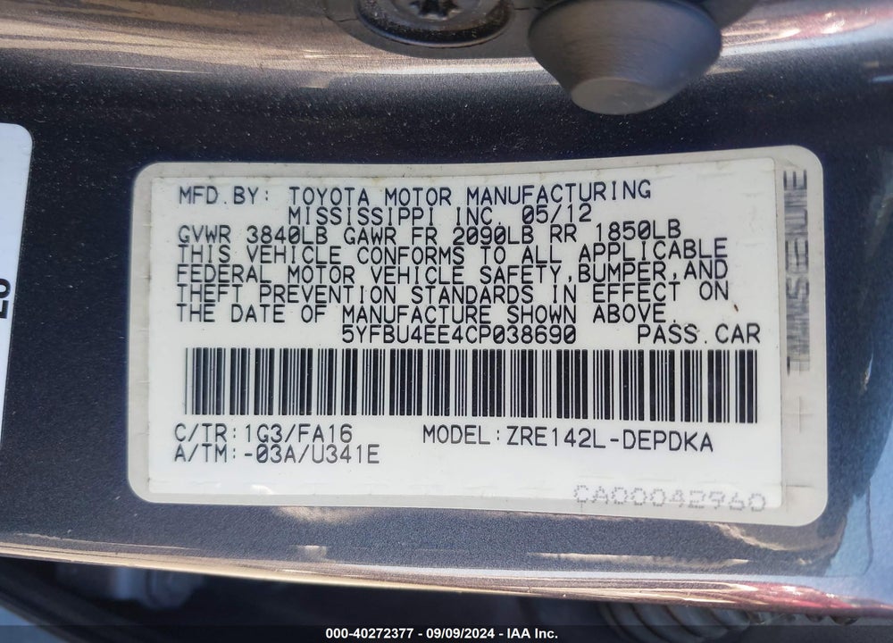2012 TOYOTA COROLLA L VIN: 5YFBU4EE4CP038690