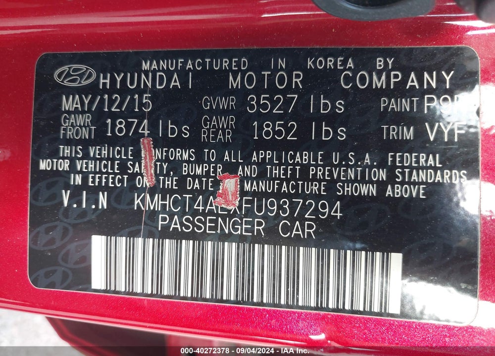 2015 HYUNDAI ACCENT GLS VIN: KMHCT4AEXFU937294