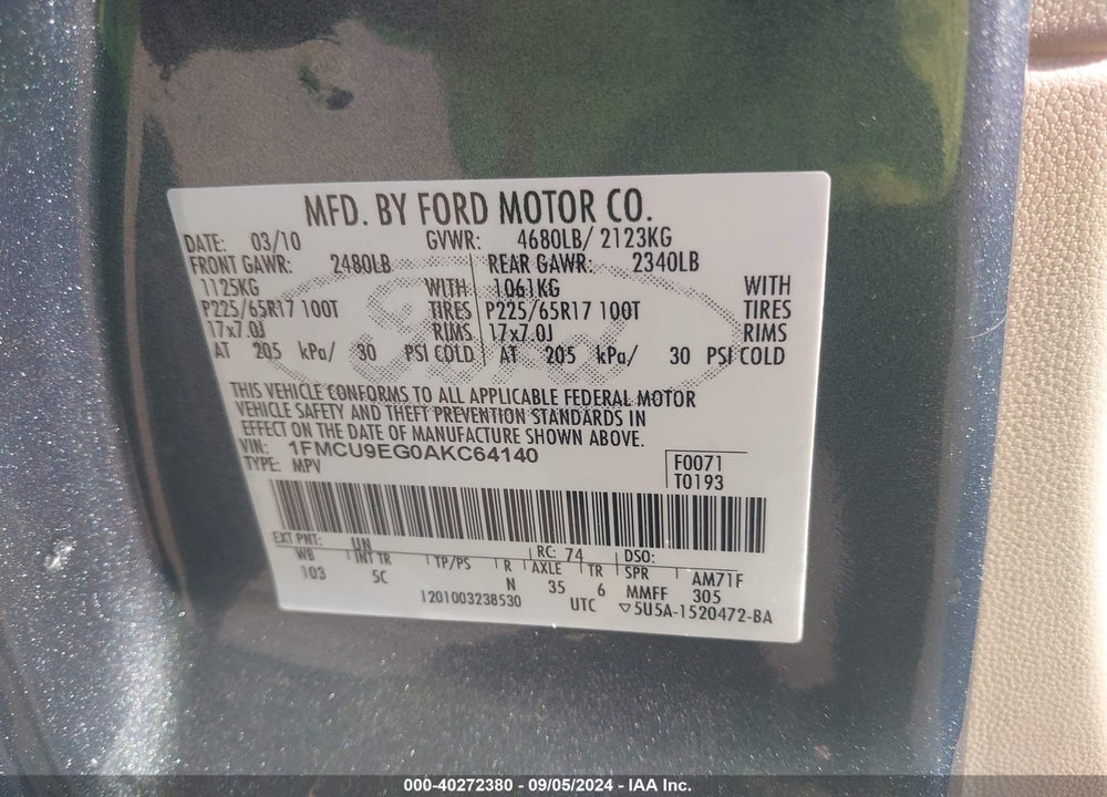 2010 FORD ESCAPE LIMITED VIN: 1FMCU9EG0AKC64140