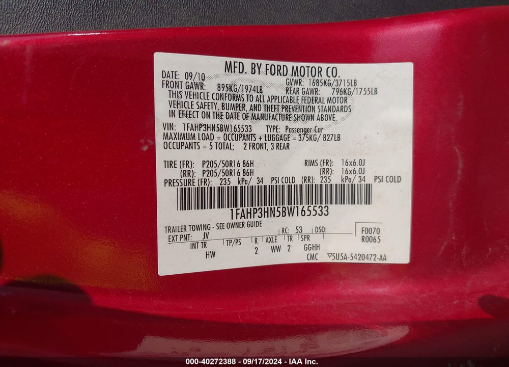 2011 FORD FOCUS SEL VIN: 1FAHP3HN5BW165533