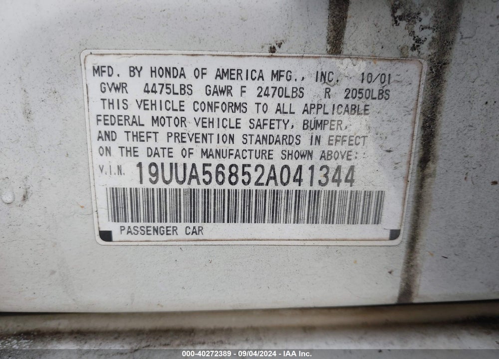 2002 ACURA TL 3.2 TYPE S VIN: 19UUA56852A041344
